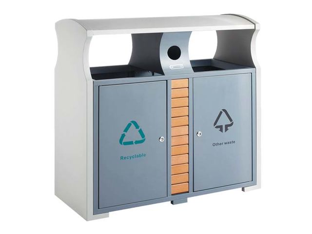 Poubelle en acier Tri sélectif 2 bacs et compartiment piles | Contact