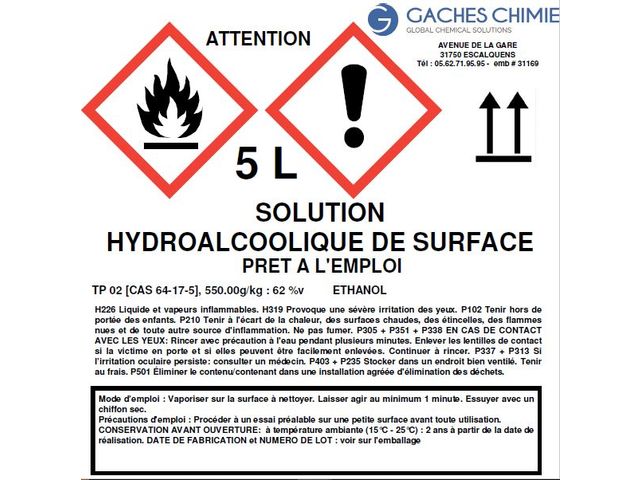 Solution hydroalcoolique pour les surfaces en 5 L : désinfectant bactéricide et virucide 