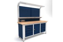 Établi d'atelier industriel 2000 mm PRACO W T57 - Plateau en hêtre massif - Éclairage LED - Tiroirs et armoire MW Tools PRAW2000T57