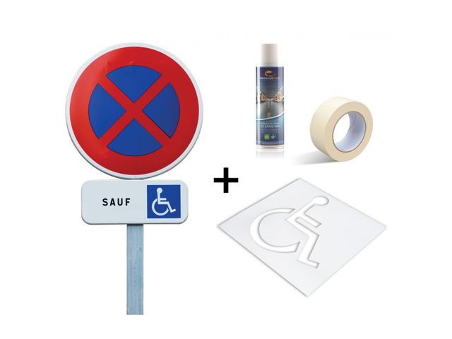 Kit HANDICAP panneau  stationnement PMR + pochoir - signalétique verticale et horizontale