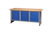 Établi fixe FK 184 - 14 tiroirs, 1 porte, 184 cm - Charge 500 kg, Bleu, Éco-responsable