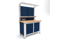 Établi d&amp;#039;atelier industriel 1400 mm PRACO W T66 - Plateau en hêtre massif - Éclairage LED - Tiroirs et armoire MW Tools PRAW1400T66