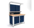 Établi d'atelier industriel 1400 mm PRACO W T66 - Plateau en hêtre massif - Éclairage LED - Tiroirs et armoire MW Tools PRAW1400T66