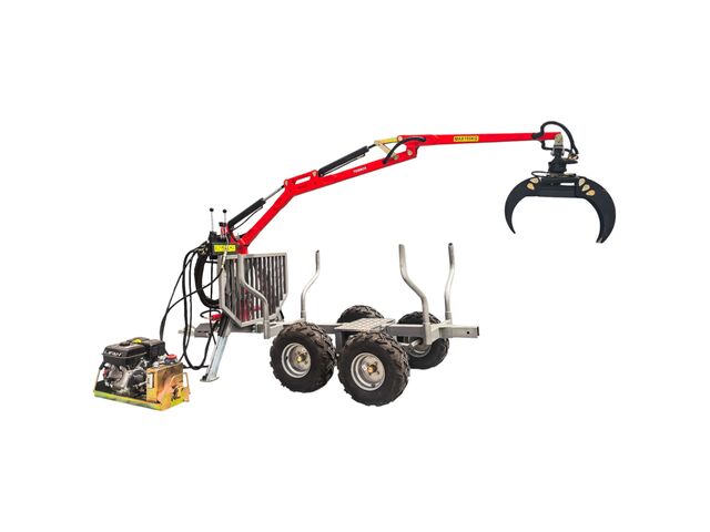 Remorque à bois forestière double essieu 1500 kg avec grue hydraulique 3,4 m et grappin - Moteur essence 6,5ch Torros AHR1500HWK