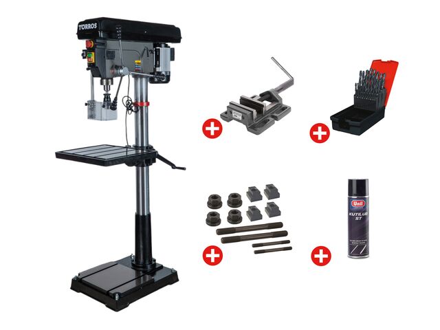 Perceuse à colonne professionnelle jusque ø 30 mm CM3 1,5 kW 400V + étau de perçage jeu de boulons jeu mêches aérosol Torros DF30T PACK