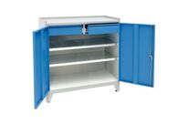 Manutan Expert - Armoire basse multitiroirs H102xP50xL100cm - 2 portes, 2 tablettes, 2 tiroirs bleus - Gris - Acier - Charge 160kg - À clé