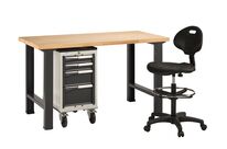 Établi plateau bois L.1500mm et pieds en métal + servante NOVALP A 4 tiroirs + siège