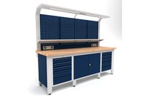 Établi d&amp;#039;atelier industriel 2500 mm PRACO W T31 - Plateau en hêtre massif - Éclairage LED - Tiroirs et armoire MW Tools PRAW2500T31