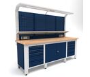 Établi d'atelier industriel 2500 mm PRACO W T31 - Plateau en hêtre massif - Éclairage LED - Tiroirs et armoire MW Tools PRAW2500T31