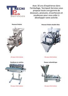 Catalogue Tecnipack services pour machines d'emballage : Peseuses, Soudeuses, Doseuses, Ensacheuses.