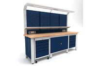 Établi d&amp;#039;atelier industriel 2560 mm PRACO W T64 - Plateau en hêtre massif - Éclairage LED - Tiroirs et armoire MW Tools PRAW2500T64
