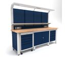 Établi d'atelier industriel 2560 mm PRACO W T64 - Plateau en hêtre massif - Éclairage LED - Tiroirs et armoire MW Tools PRAW2500T64