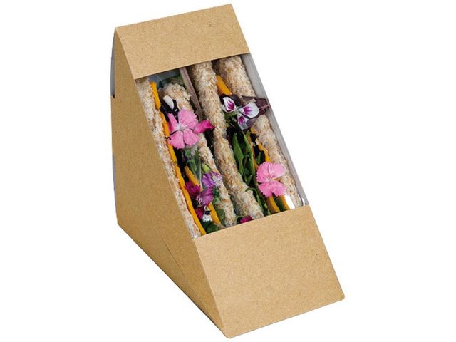 Boîte triangle sandwich kraft brun avec fenêtre 123x72x123 mm x 500 Firplast