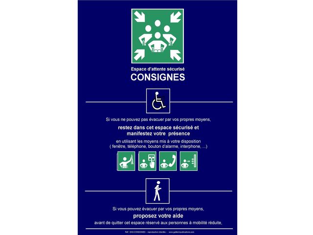 Panneau de consignes de  sécurité pour espace d'attente sécurisé pour handicapés