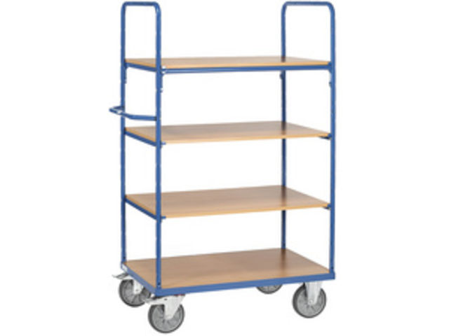 Chariot à plate-forme en bois 4 plateaux charge: 600 kg  1800x1200x800mm surface de charge: 1200x800mm structure bleu RAL 5007 et plate-forme hêtre stratifié - FETRA