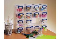 Organiseur de 16 boîtes transparente + étagère en polypropylène (PP) recyclé  16 boîtes 0,14 Litres fermeture bleu  (Really Useful Box)
