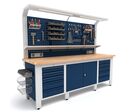 Établi d'atelier industriel 2500 mm PRACO W T31 - Plateau en hêtre massif - Éclairage LED - Tiroirs et armoire MW Tools PRAW2500T31