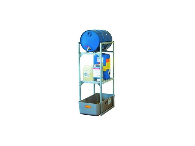 Rayonnage 120 avec support fût et caillebotis petits récipients - Pour huiles, lubrifiants -