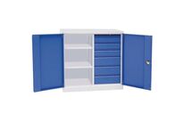Manutan Expert - Armoire multitiroirs basse Magic - 1000x450x1000 mm - 6 tiroirs, 2 portes, 2 tablettes - Acier Gris/Bleu - Charge 240 kg