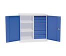 Manutan Expert - Armoire multitiroirs basse Magic - 1000x450x1000 mm - 6 tiroirs, 2 portes, 2 tablettes - Acier Gris/Bleu - Charge 240 kg