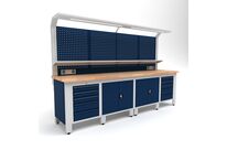 Établi d'atelier industriel 3100 mm PRACO W T75 - Plateau en hêtre massif - Éclairage LED - Tiroirs et armoire MW Tools PRAW3100T75