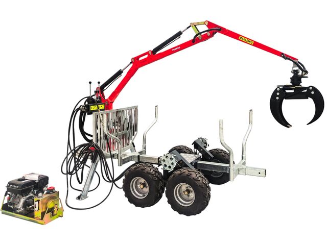 Remorque à bois forestière double essieux avec assistance à la traction 1500 kg et grue hydraulique 3,4m - Moteur essence 9ch Torros AHR1505HWG