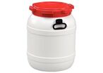 Curtec - Baril 55L Grande Ouverture Homologué UN-X - Blanc Rouge - Usage Alimentaire - Poignées - Recyclable