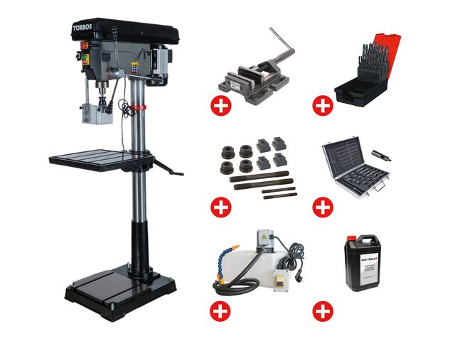Perceuse à colonne professionnelle jusque ø 32 mm CM4 1,5 kW 400V + accessoires indispensables et unité d'arrosage Torros DF34T PACK PRO