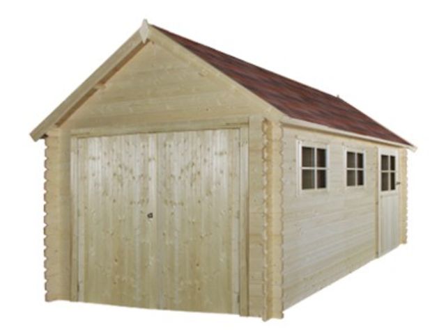 Garage en bois madrier 28 mm : ID2235, toiture bi-pente, idéal neige ou montagne, pente 36°