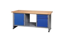 Établi fixe FK 184 Bleu - 3 blocs, 2 tiroirs, 2 portes - Charge 500 kg - Plateau 40 mm - Éco-responsable