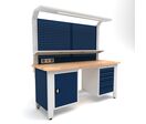 Établi d'atelier industriel 2000 mm PRACO W T34 - Plateau en hêtre massif - Éclairage LED - Tiroirs et armoire MW Tools PRAW2000T34