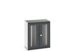 Armoire lourde CUBIO à portes vitrées et panneaux perforés coulissants