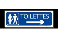 Panneau toilettes + picto dame/homme +  flèche vers la droite