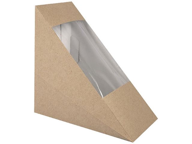 Boite triangle sandwich kraft brun avec fenêtre 123x52x123 mm x 500 Firplast