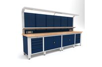 Établi d'atelier industriel 3560 mm PRACO W T74 - Plateau en hêtre massif - Éclairage LED - Tiroirs et armoire MW Tools PRAW3500T74