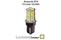 Ampoule E14 360° 12V/24V 13 leds SMD 5050 Blanc chaud