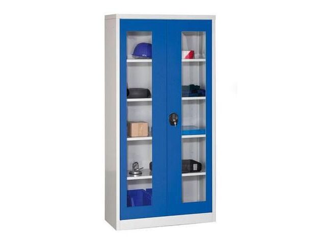 Armoire à outils - Atelier 195x95x40 cm - Portes bleues vitrées - Acier - 4 tablettes - Serrure à clé