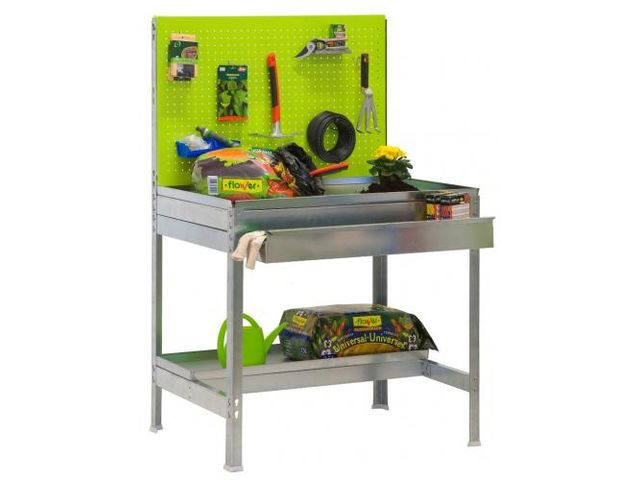 Table de Rempotage métallique avec panneau porte outils et tiroir de rangement