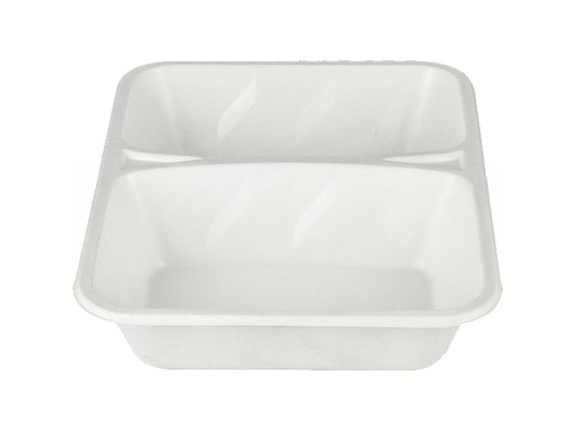 Barquette blanche 2 compartiments en pulpe de canne à sucre pour menu h45 x220 Firplast