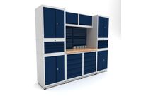 Établi d&amp;#039;atelier industriel 2480 mm PRACO M T18 - Plateau en hêtre massif - Éclairage LED - Tiroirs et armoire MW Tools PRAM1860T18